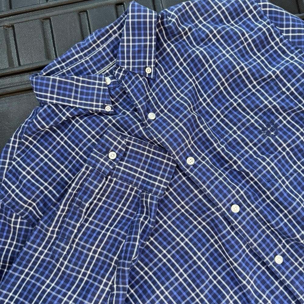 MENS XL CHAPS EASY CARE Long SLEEVE Blue White PLAID BUTTON DOWN SHIRT SIZE XL